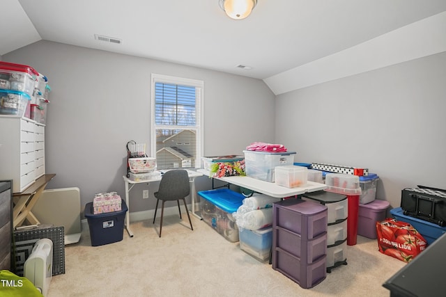 playroom featuring visible vents, lofted ceiling, and carpet floors