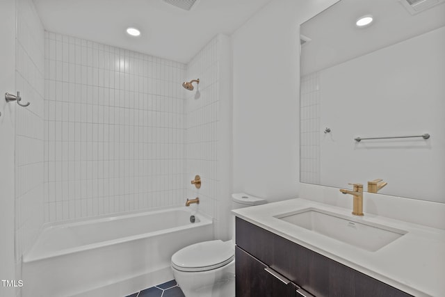 full bathroom featuring vanity, visible vents, recessed lighting, tub / shower combination, and toilet