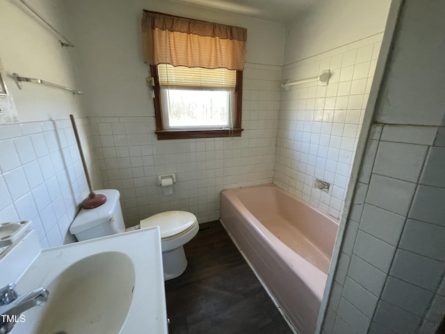 990 County Home Rd, Blanch, NC 27212 - bathroom with walk in shower, a bathing tub, a sink, toilet, and tile walls
