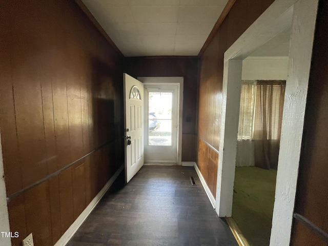 990 County Home Rd, Blanch, NC 27212 - doorway with wooden walls, baseboards, and wood finished floors