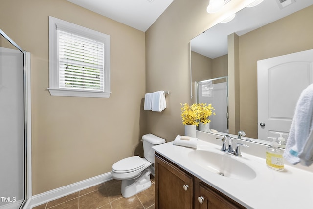 full bathroom featuring a stall shower, toilet, baseboards, vanity, and tile patterned floors