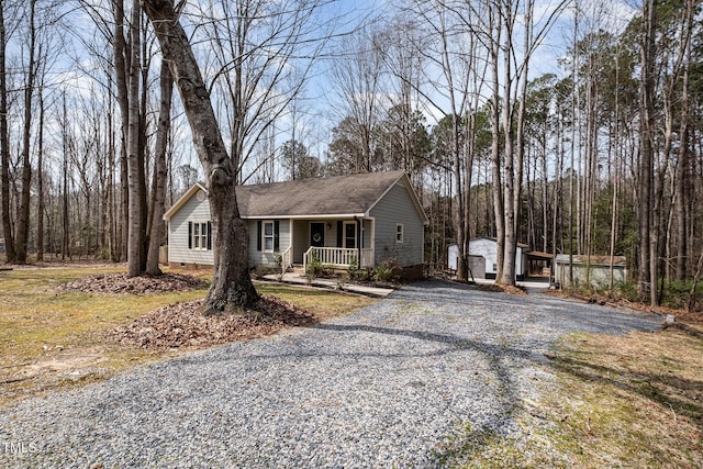 single story home with crawl space and a porch