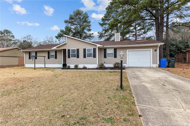 ranch-style house with a front lawn, an attached garage, concrete driveway, and a chimney