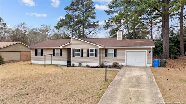 ranch-style house featuring driveway, a chimney, a garage, and a front yard