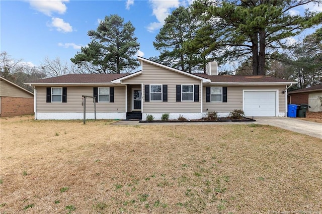 ranch-style home with a front lawn, an attached garage, driveway, and a chimney