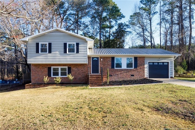 split level home with a standing seam roof, concrete driveway, a garage, brick siding, and metal roof