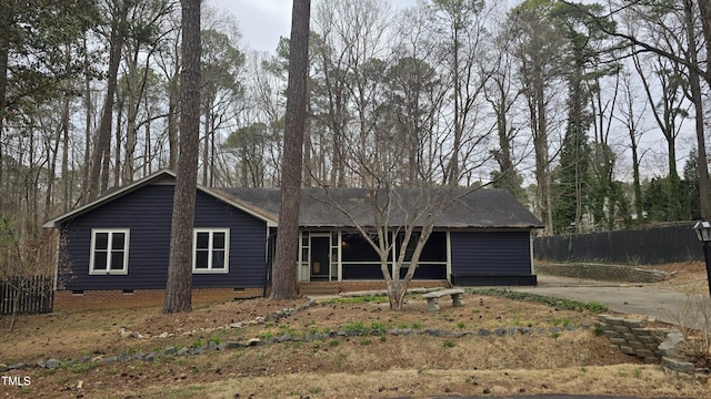 single story home with crawl space and a shingled roof