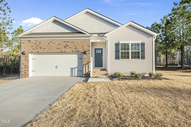 ranch-style house with a garage, a front lawn, brick siding, and driveway