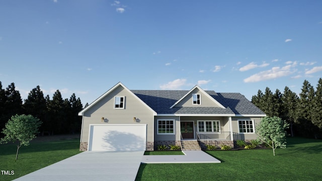 view of front of house featuring a garage, concrete driveway, a front yard, and roof with shingles