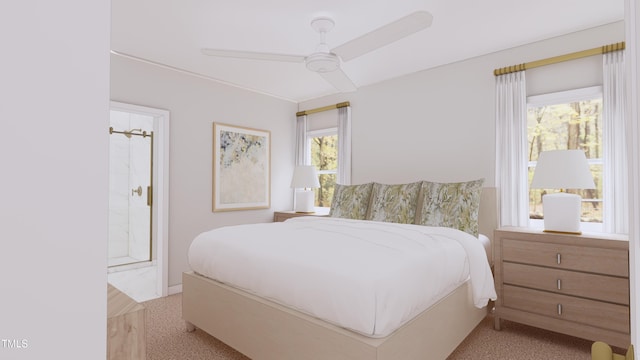 bedroom featuring light carpet and ceiling fan