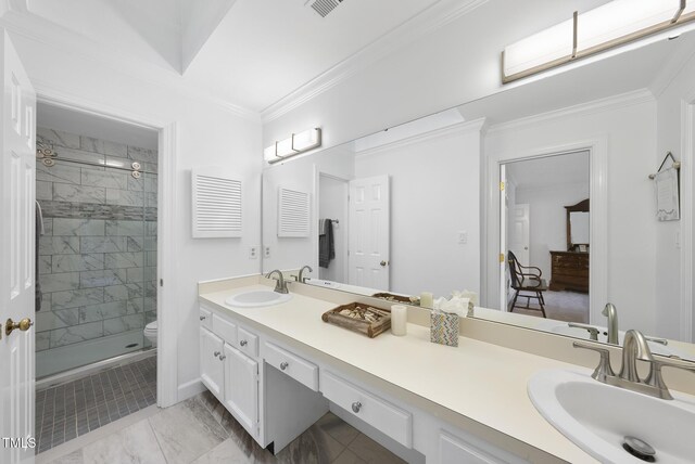 2705 Vestry Way, Raleigh, NC 27613 - bathroom with a shower stall, toilet, ornamental molding, vanity, and marble look tiles