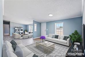 living area with a healthy amount of sunlight, baseboards, and ornamental molding