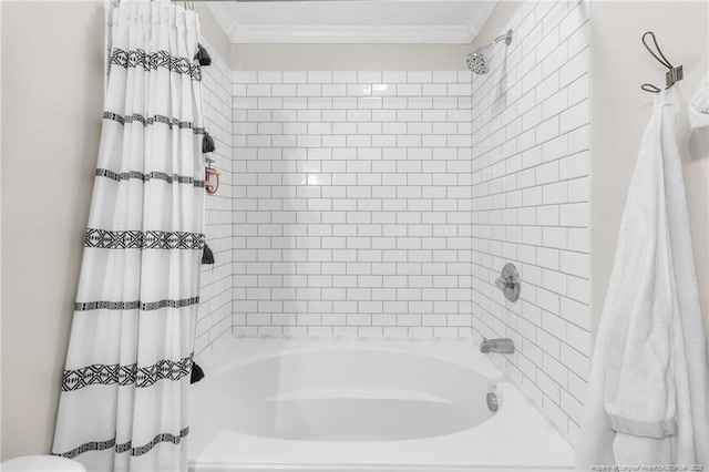 full bathroom featuring shower / tub combo with curtain and crown molding