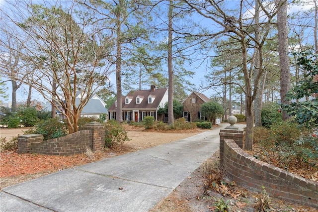 view of front of house featuring driveway and a chimney