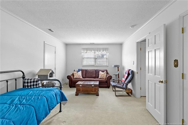 bedroom with light carpet, visible vents, a textured ceiling, and crown molding