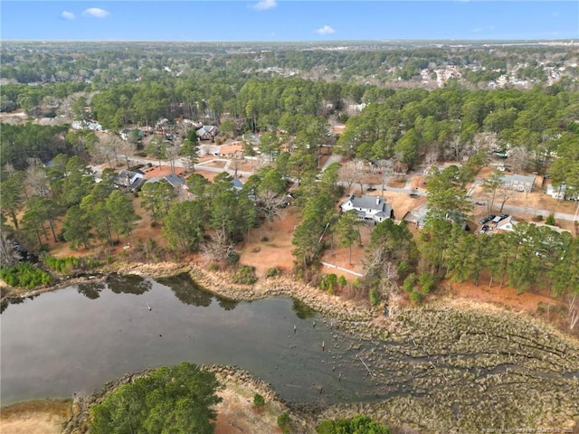 birds eye view of property with a view of trees and a water view