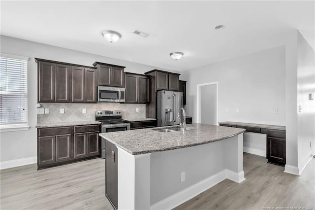 kitchen with a center island with sink, a sink, appliances with stainless steel finishes, decorative backsplash, and dark brown cabinets