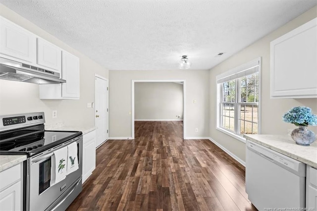 kitchen with dark wood-style flooring, white dishwasher, stainless steel range with electric cooktop, white cabinets, and under cabinet range hood