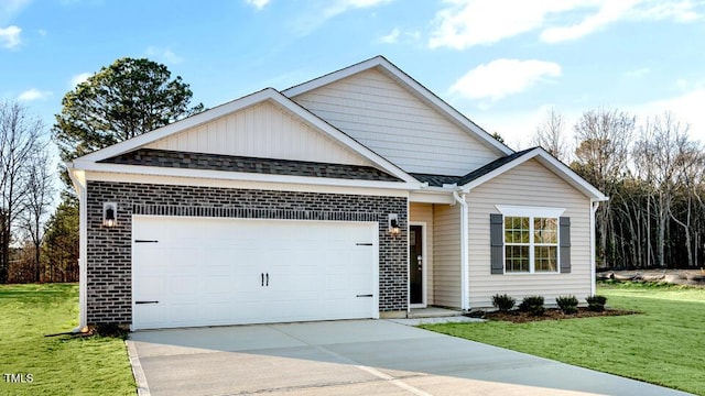 ranch-style house featuring a front yard, an attached garage, driveway, and roof with shingles