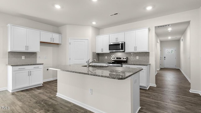 kitchen with visible vents, a sink, dark wood-type flooring, appliances with stainless steel finishes, and white cabinetry