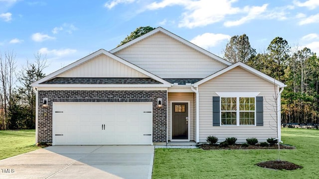 ranch-style home with driveway, a front lawn, a garage, and a shingled roof