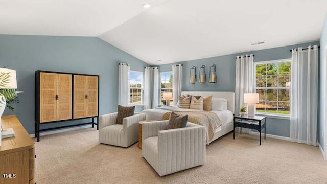 carpeted bedroom featuring baseboards and lofted ceiling