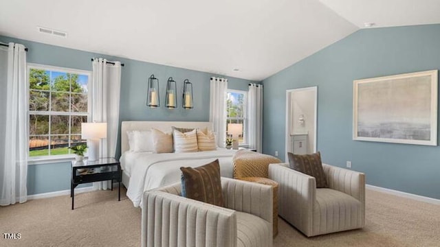 bedroom featuring carpet flooring, baseboards, lofted ceiling, and visible vents