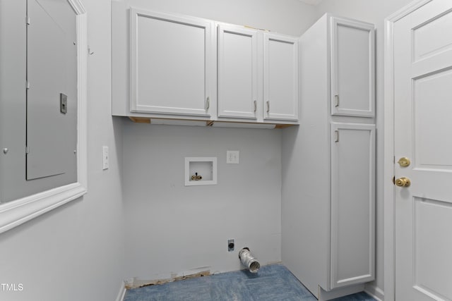 laundry area with electric panel, cabinet space, hookup for an electric dryer, and washer hookup