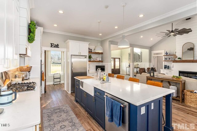 kitchen featuring blue cabinets, stainless steel appliances, light countertops, and a sink