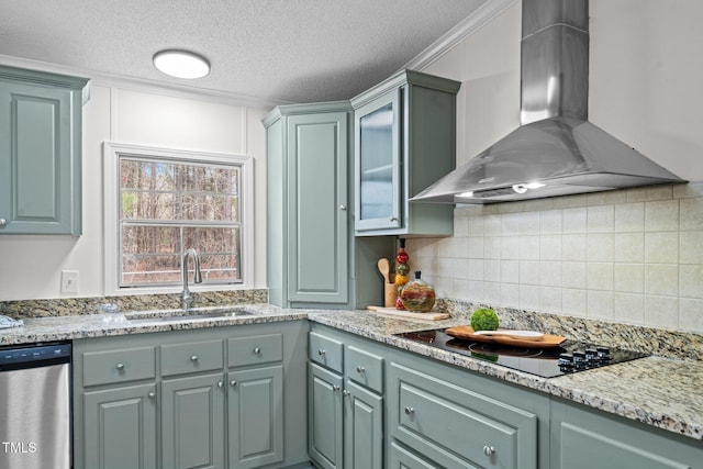 kitchen with a sink, backsplash, stainless steel dishwasher, wall chimney range hood, and black electric stovetop