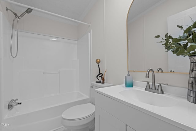 bathroom featuring vanity, shower / bathing tub combination, toilet, and crown molding