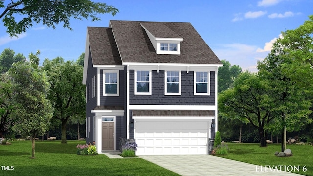 view of front of property featuring a front yard, an attached garage, driveway, and roof with shingles