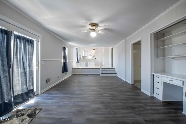 unfurnished living room featuring visible vents, ornamental molding, a ceiling fan, a textured ceiling, and dark wood finished floors