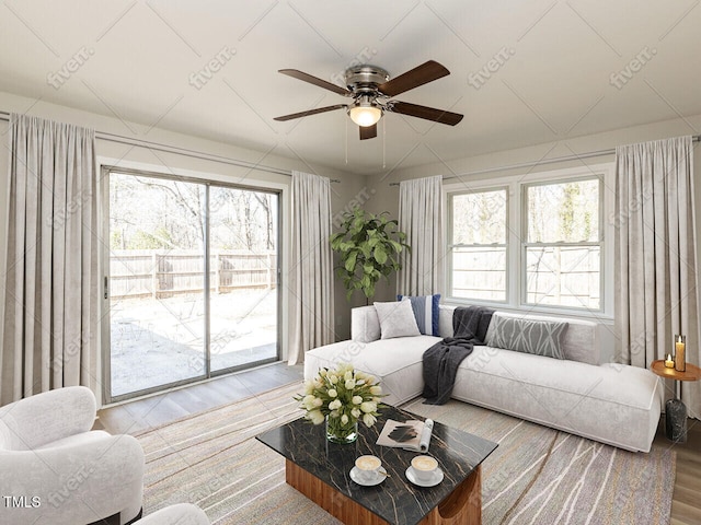 living area with plenty of natural light, ceiling fan, and wood finished floors