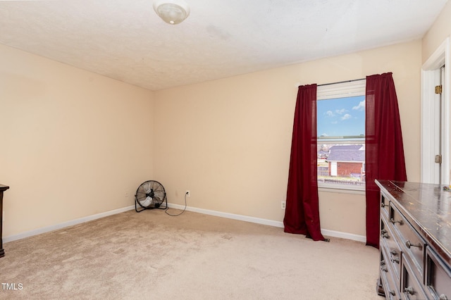 interior space featuring baseboards, light carpet, and a textured ceiling