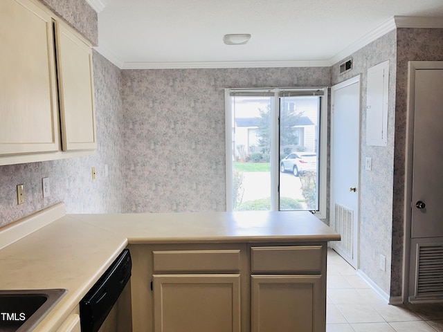 kitchen featuring stainless steel dishwasher, a peninsula, crown molding, and visible vents