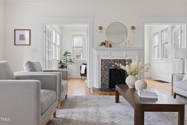 living room with baseboards, wood finished floors, ornamental molding, and a fireplace