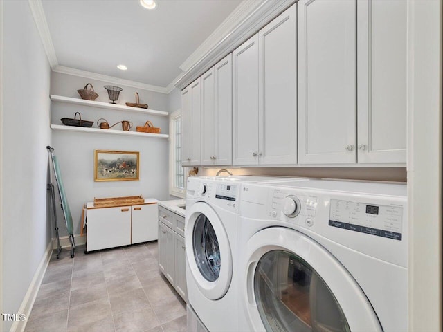 clothes washing area featuring ornamental molding, washer and clothes dryer, recessed lighting, cabinet space, and light tile patterned floors