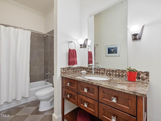 full bathroom featuring vanity, crown molding, shower / bath combination with curtain, and toilet