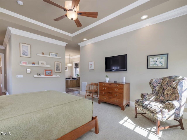 bedroom featuring recessed lighting, light colored carpet, crown molding, and a ceiling fan