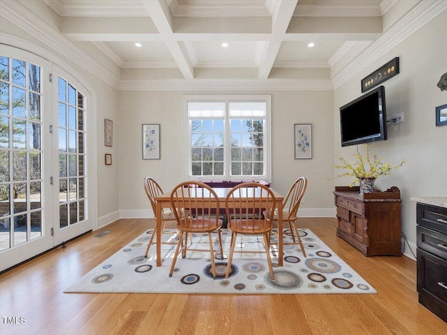 dining area with beam ceiling, coffered ceiling, baseboards, and wood finished floors