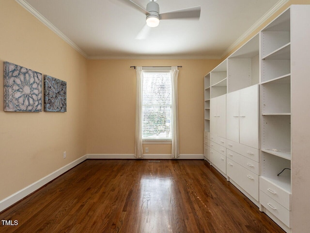 unfurnished bedroom with dark wood finished floors, baseboards, and ornamental molding