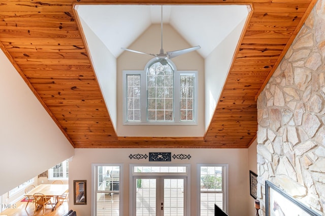 details featuring wood ceiling and a ceiling fan