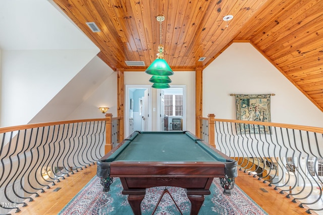 playroom featuring wood finished floors, visible vents, lofted ceiling, pool table, and wood ceiling