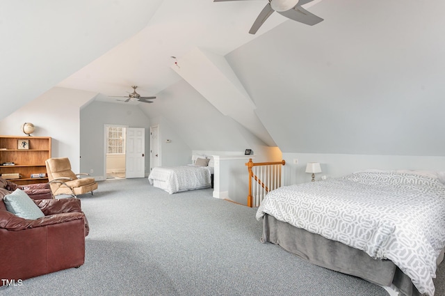 carpeted bedroom with lofted ceiling, a ceiling fan, and baseboards