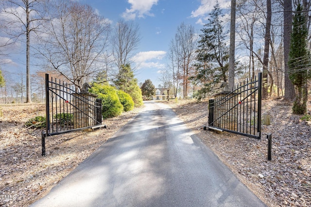 view of street with aphalt driveway, a gate, and a gated entry