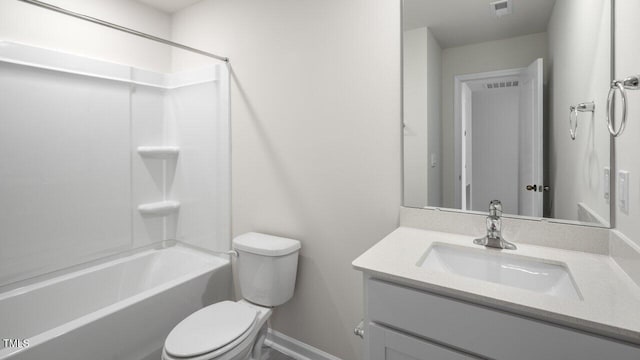 full bathroom featuring visible vents, toilet, bathtub / shower combination, and vanity