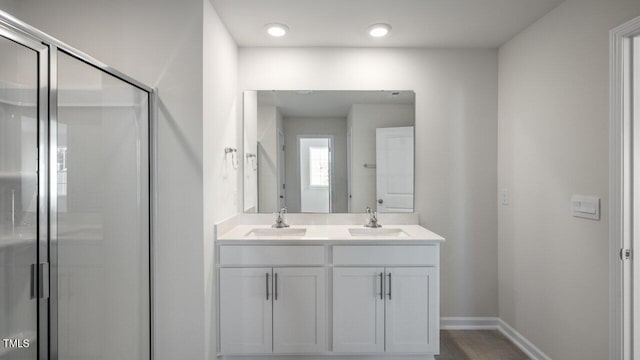 full bathroom featuring a sink, baseboards, double vanity, and a shower stall