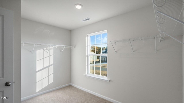 walk in closet featuring visible vents and carpet floors