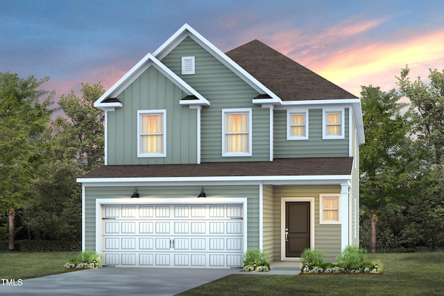 view of front of home featuring an attached garage, board and batten siding, driveway, and roof with shingles